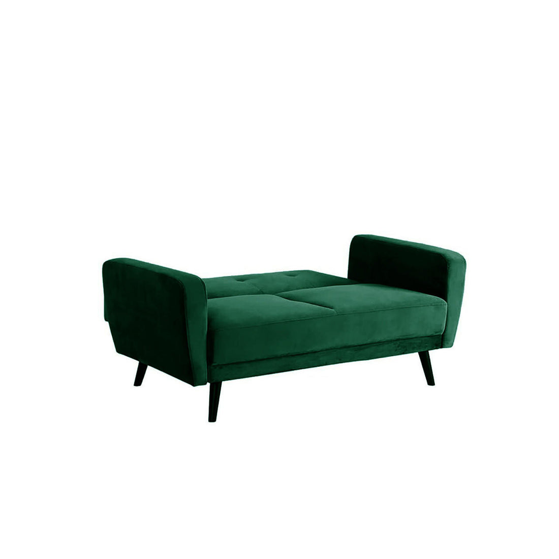 Esben 2-Seater Velvet Sofa Bed in Forest Green, featuring a low-profile mid-century design with squared armrests, tufted seat cushion, and slender black-finished wooden legs, ideal for stylish, compact spaces.
