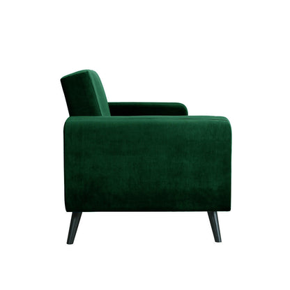 Esben 2-Seater Velvet Sofa Bed in Forest Green, featuring a modern boxy silhouette with an angled backrest and slim, tapered legs, upholstered in luxurious deep emerald-green velvet fabric.