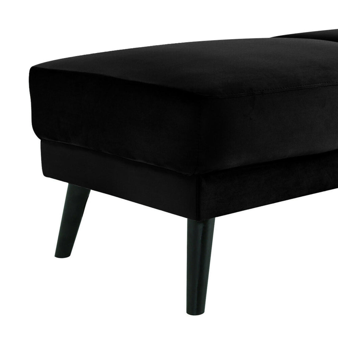 Close-up of Esben 6-Seater Velvet Sofa Bed Set w/ Ottoman Black, highlighting its sleek wooden legs and plush cushions, showcasing its Scandinavian design and multifunctional use as a sofa and bed.