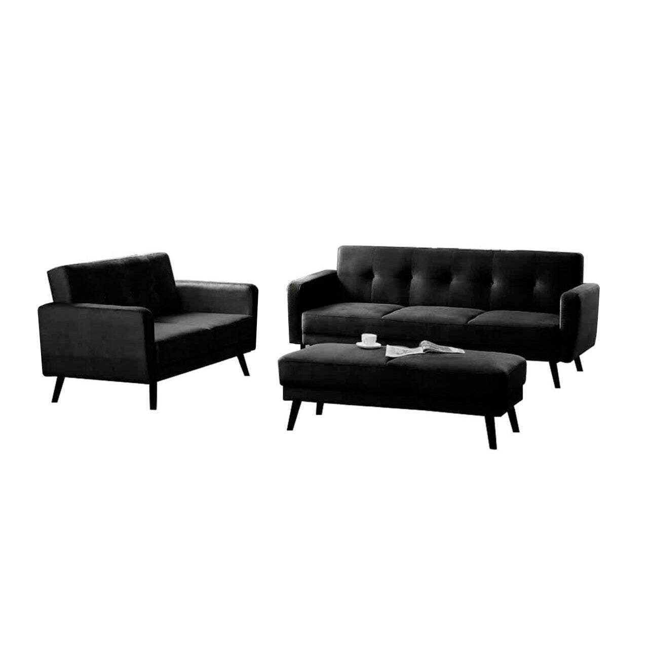 Esben 6-Seater Velvet Sofa Bed Set w/ Ottoman Black, features sleek armrests and plush cushions, showcasing a contemporary design ideal for versatile use as both sofa and bed.