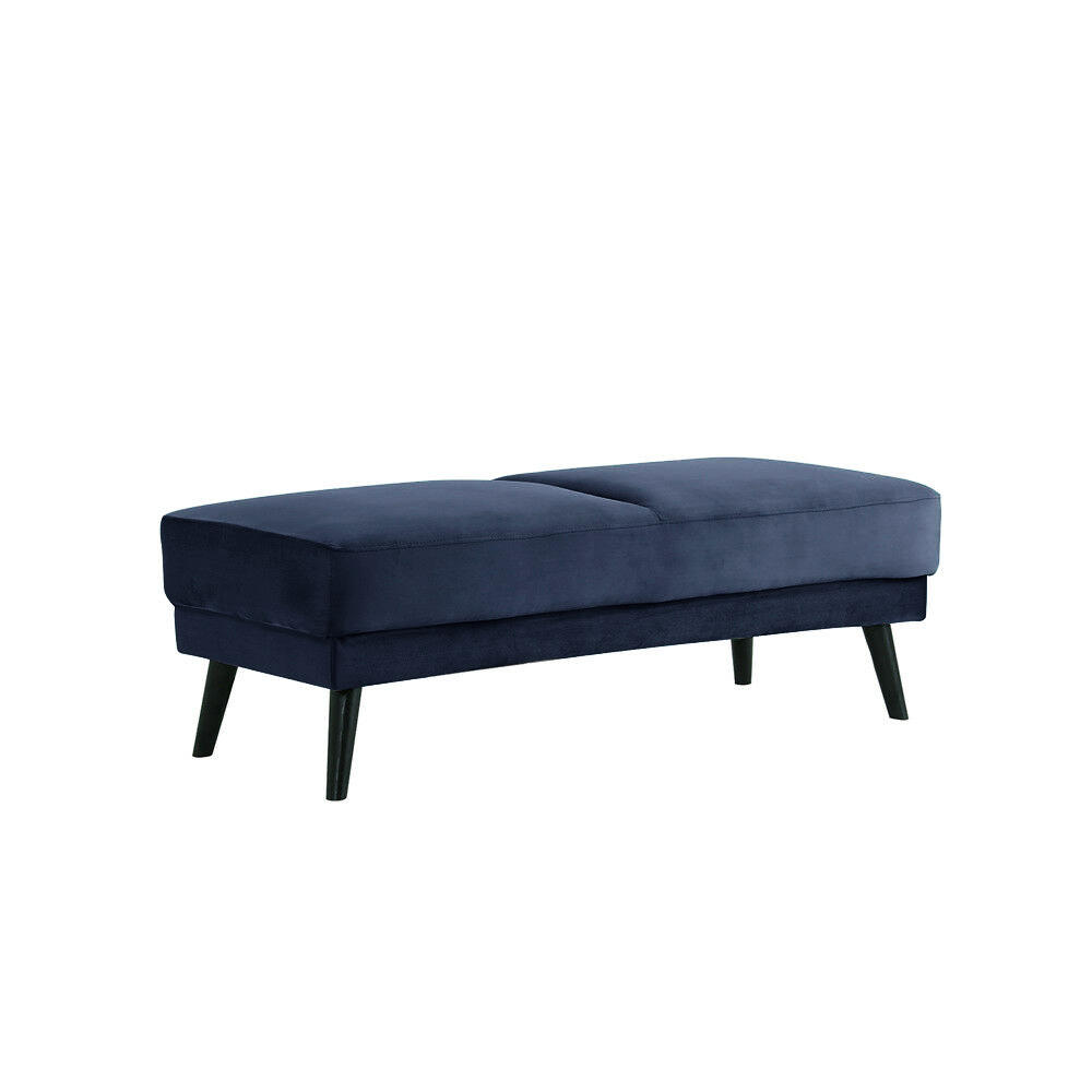 Esben Velvet Fabric Ottoman in Navy Blue features a plush, cushioned top with two sections on dark wood or black tapered legs, offering a stylish, versatile piece for any living room setting.