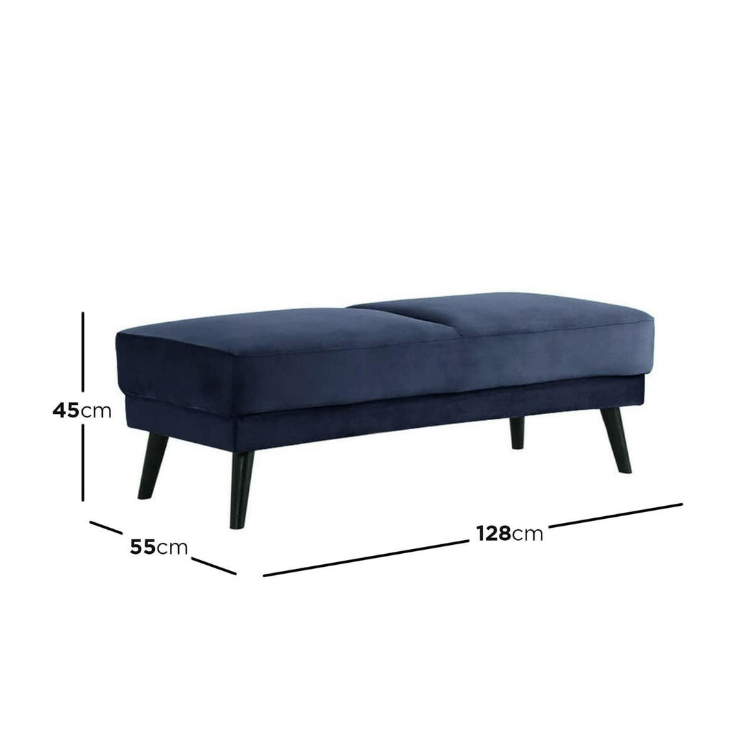 Esben Velvet Fabric Ottoman in Navy Blue, featuring a cushioned seat on four angled black legs, measuring 128cm in length, 55cm in depth, and 45cm in height, exemplifying Scandinavian-style elegance.