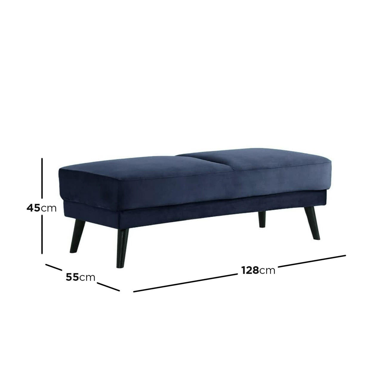 Esben Velvet Fabric Ottoman in Navy Blue, featuring a cushioned seat on four angled black legs, measuring 128cm in length, 55cm in depth, and 45cm in height, exemplifying Scandinavian-style elegance.