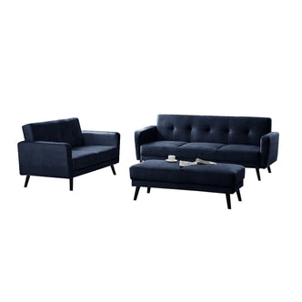 Esben 6-Seater Velvet Sofa Bed Set w/ Ottoman Navy Blue, showcasing plush seating with sturdy wooden legs, highlighting its dual-functionality as both a sofa and a convertible bed.