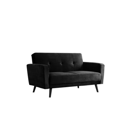 Esben 2-Seater Velvet Sofa Bed in Black, featuring mid-century modern design with a tufted backrest, flared arms, and angled wooden legs. Upholstered in plush fabric, offering both style and functionality.