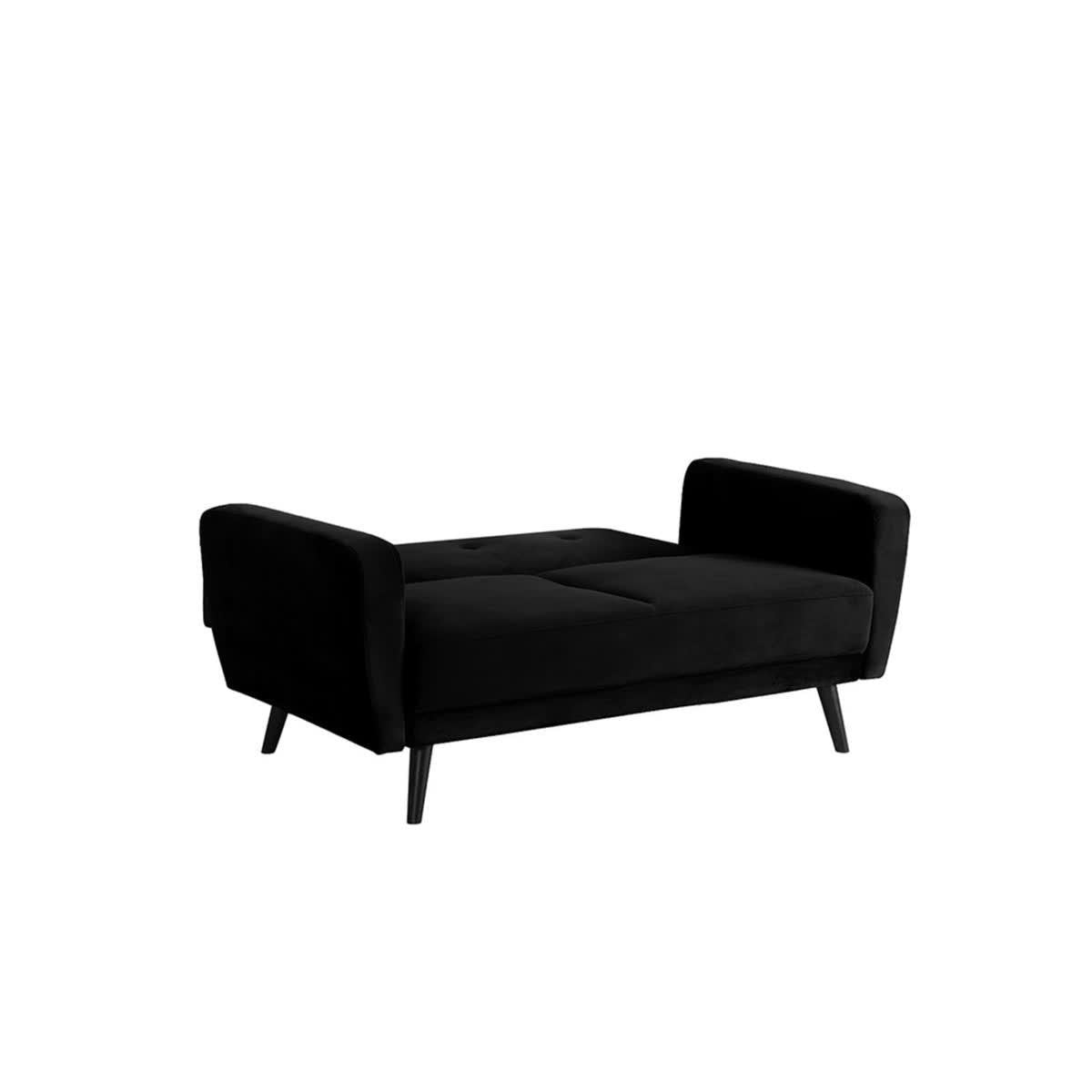 Esben 2-Seater Velvet Sofa Bed in Black, featuring a mid-century-modern design with a low, tufted seat, short tapered legs, and fixed armrests, ideal for compact living spaces.