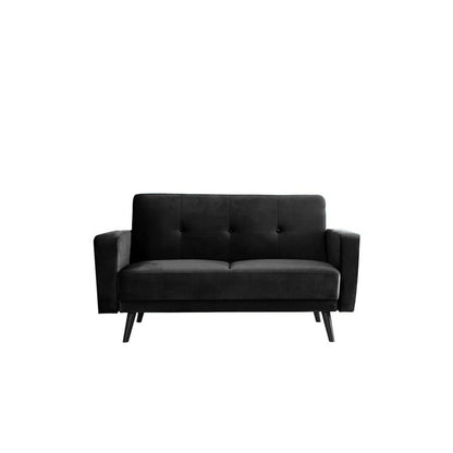 Esben 2-Seater Velvet Sofa Bed in Black, featuring button-tufted back cushions, angled wooden legs, and elegant black upholstery, blends modern design with practicality, perfect for compact spaces.
