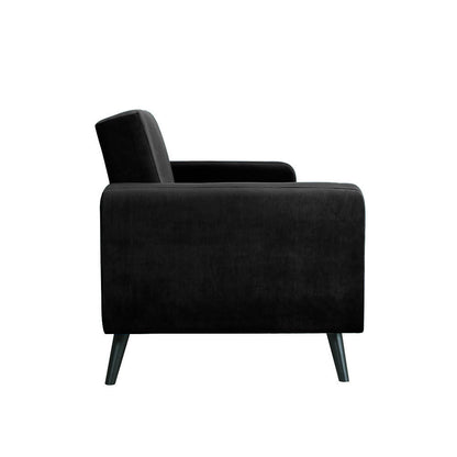 Esben 2-Seater Velvet Sofa Bed in Black, featuring a modern design with clean lines, low arms, a slightly reclined back cushion, and four short, tapered legs, viewed from the side.