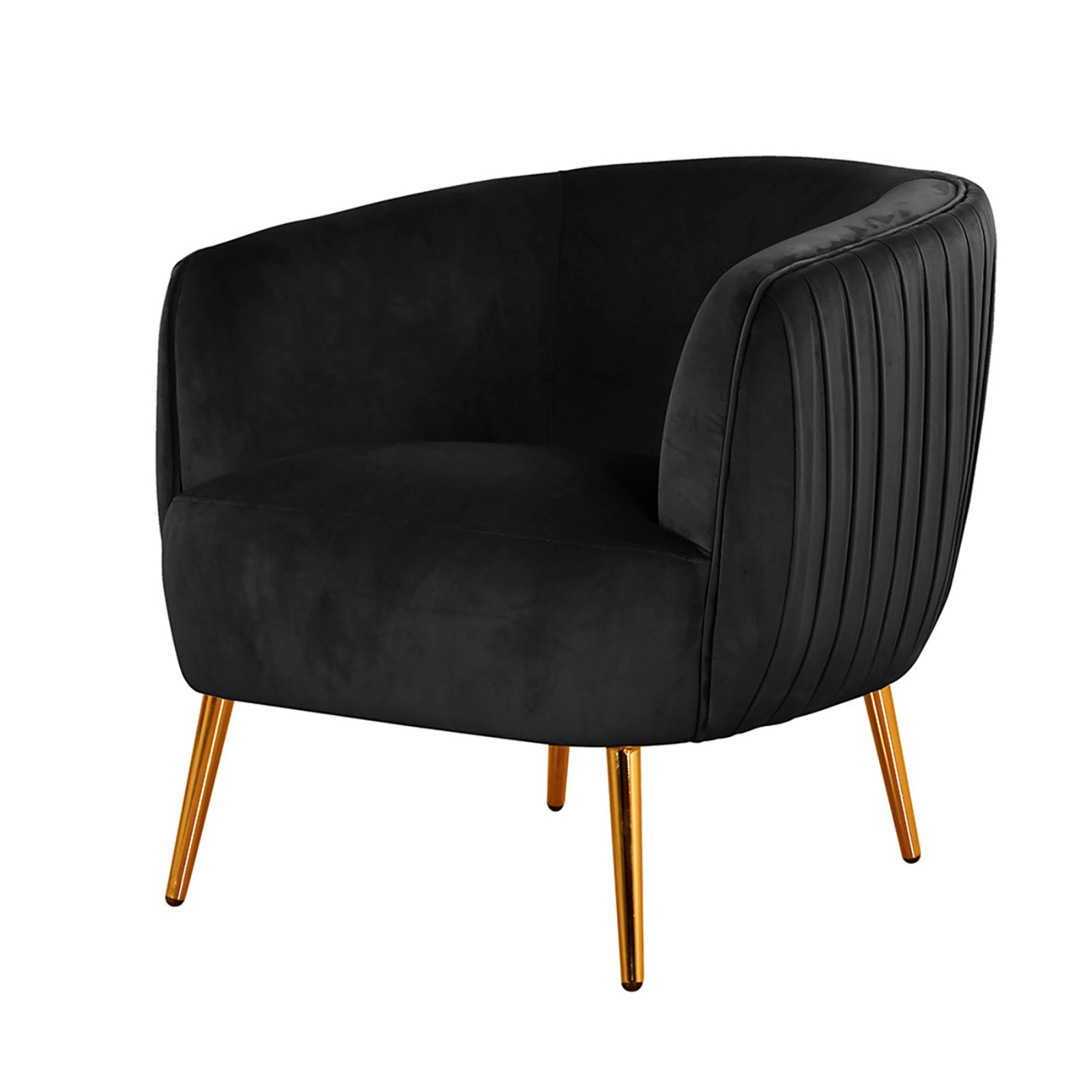 Evelyn Curved Velvet Sofa Accent Chair in Black, featuring luxurious velvet upholstery, gently curved back, and gold-tone tapered metal legs, exudes mid-century modern elegance and style.