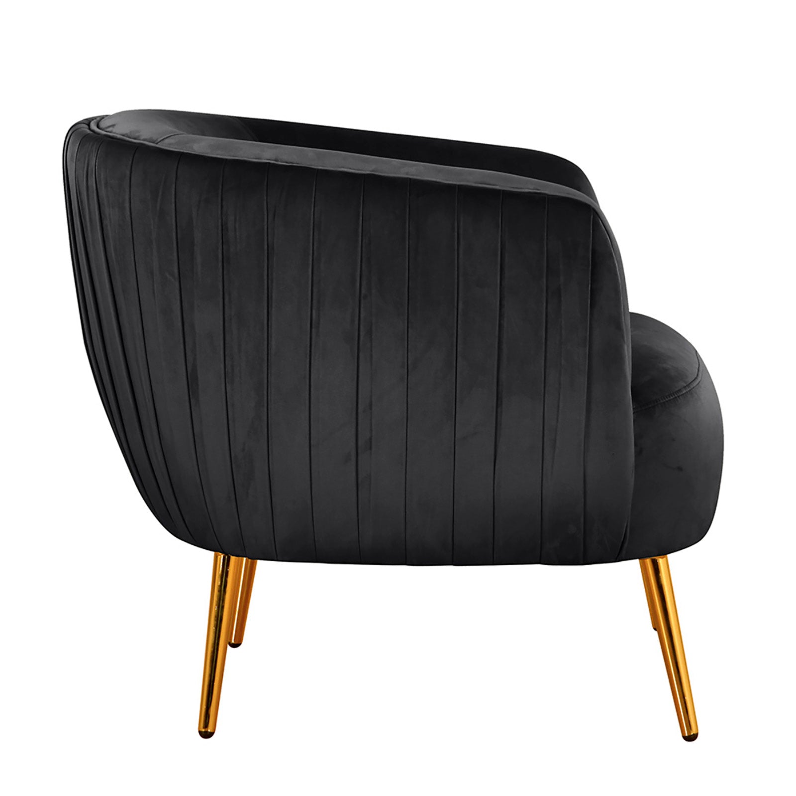 Evelyn Curved Velvet Sofa Accent Chair in Black features dark velvet with vertical tufting and shiny gold metal legs, showcasing a mid-century modern design with luxurious details.