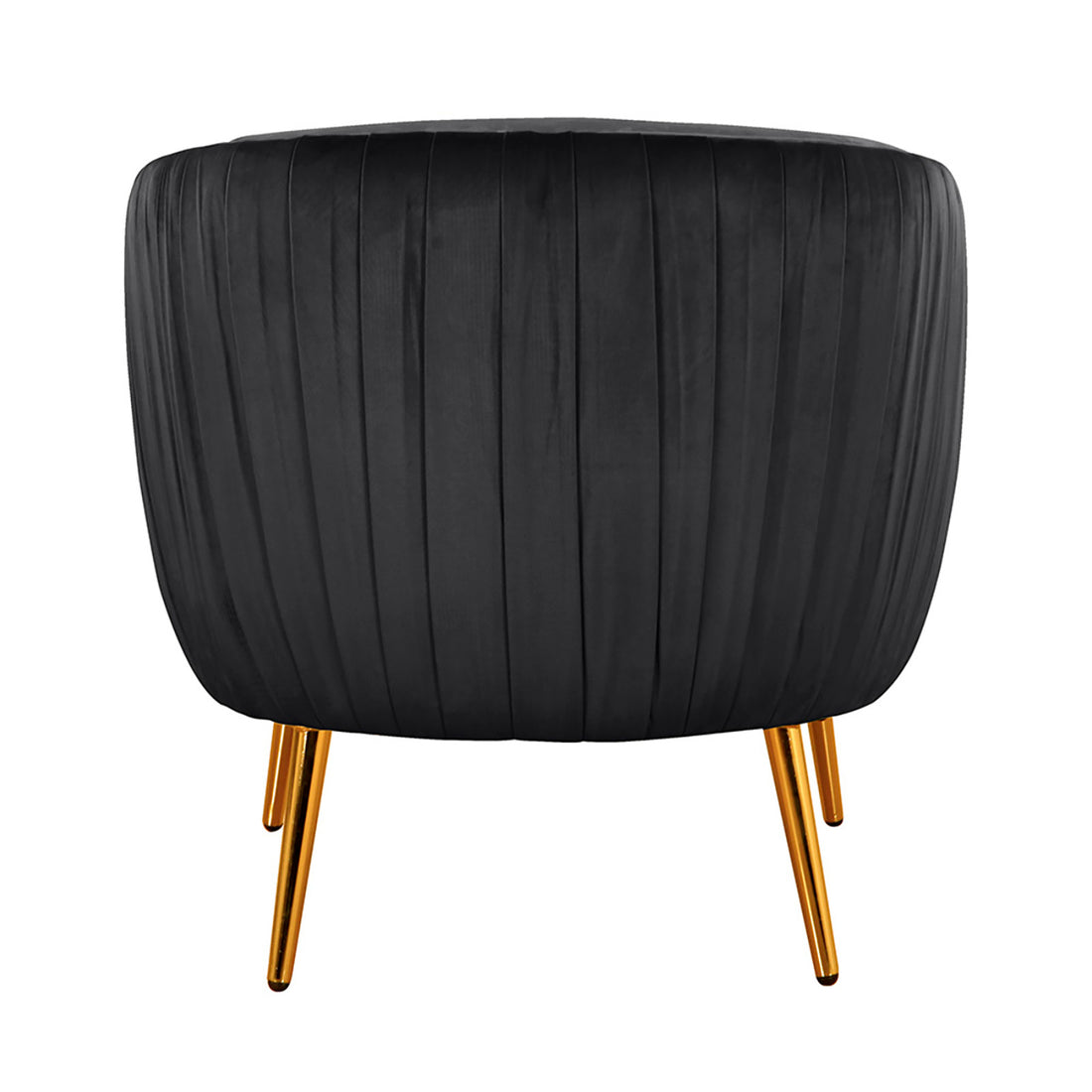 Evelyn Curved Velvet Sofa Accent Chair in Black featuring a sleek, pleated velvet upholstery and supported by three angled, slim gold-metal legs, exuding mid-century modern elegance and luxury.