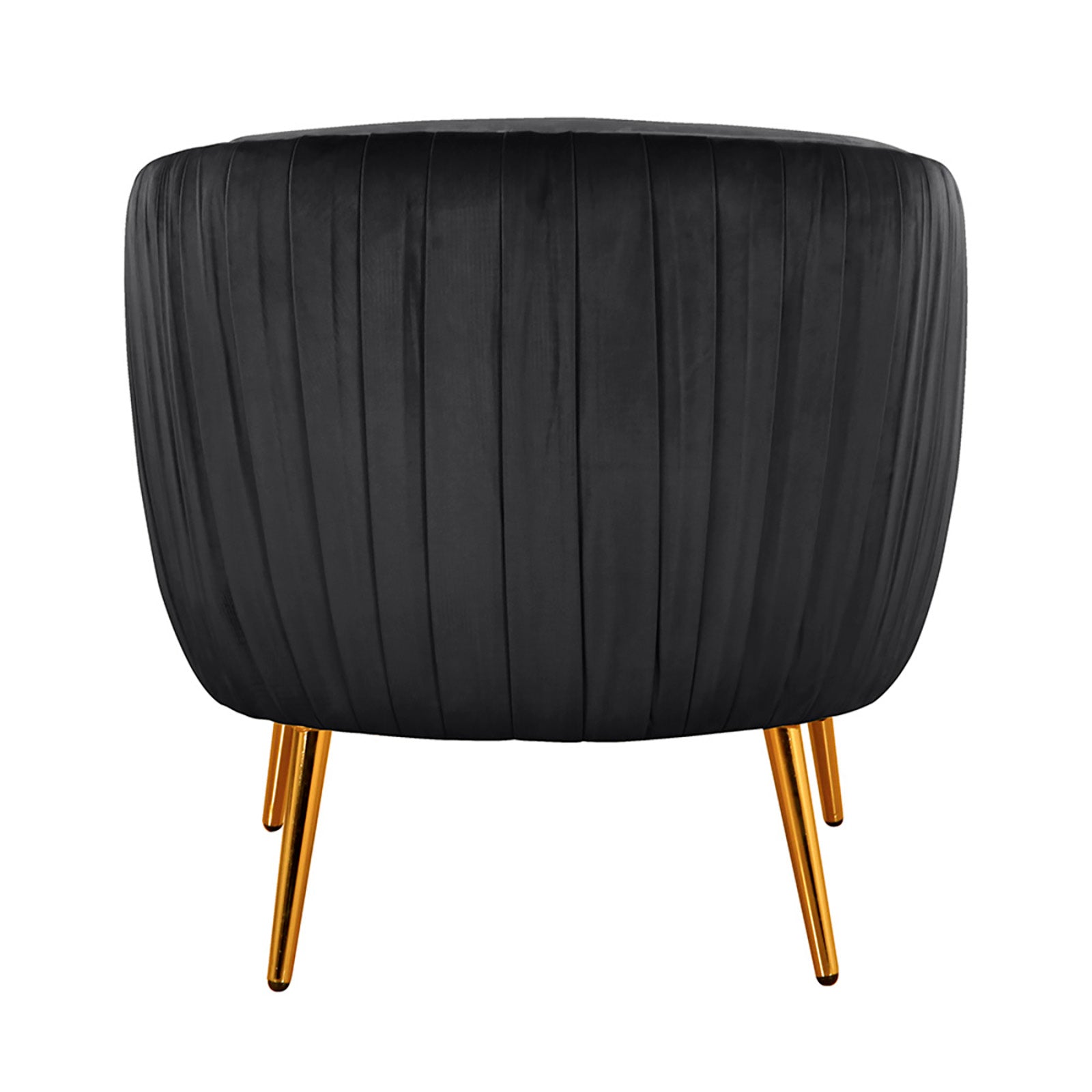 Evelyn Curved Velvet Sofa Accent Chair in Black featuring a sleek, pleated velvet upholstery and supported by three angled, slim gold-metal legs, exuding mid-century modern elegance and luxury.