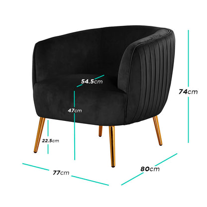 Evelyn Curved Velvet Sofa Accent Chair in Black features a low-back design, black velvet upholstery with vertical channeling, gold-tone metal legs, and detailed measurements for width, depth, and height.