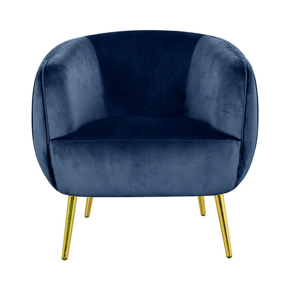 Evelyn Curved Velvet Sofa Accent Chair in Blue features a deep navy velvet upholstery, curved arms and back, and sits on polished gold tapered metal legs, embodying mid-century modern elegance.