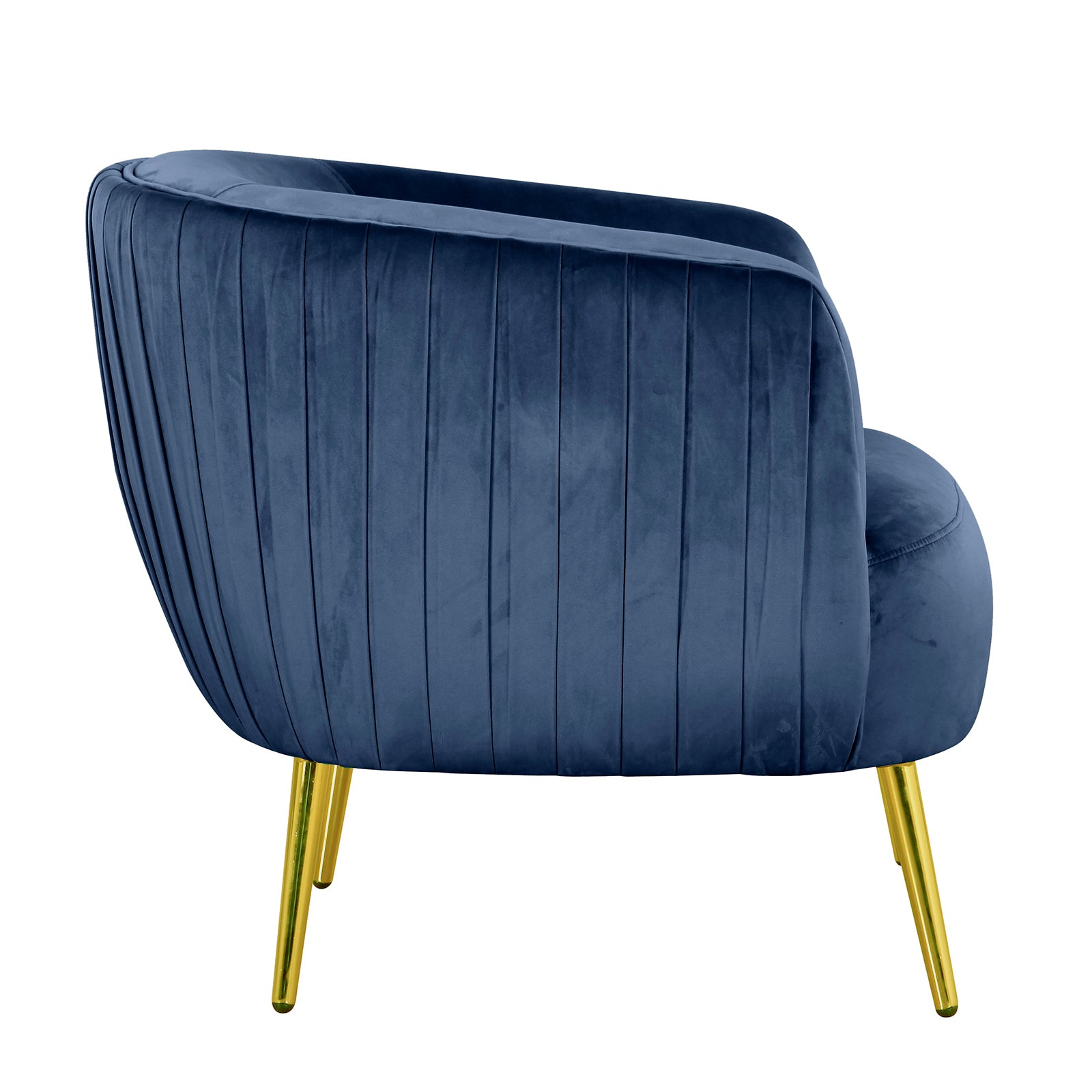 Evelyn Curved Velvet Sofa Accent Chair in Blue features a barrel-style back with vertical tufting, upholstered in plush velvet, and rests on gold-tone tapered metal legs, exuding mid-century modern elegance.
