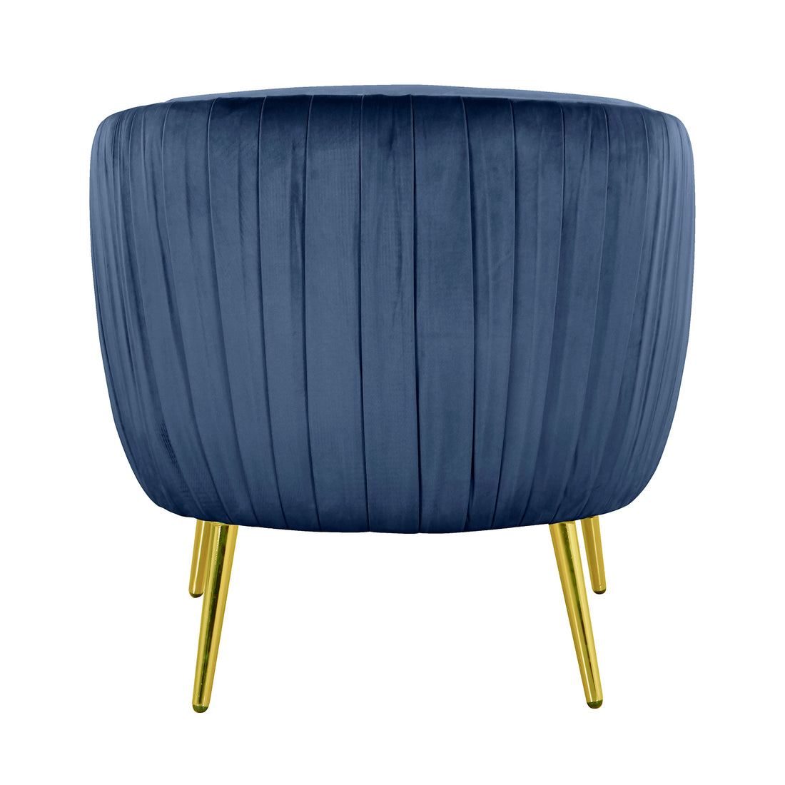 Evelyn Curved Velvet Sofa Accent Chair in Blue, featuring a deep-blue velvet upholstery with pleated design, supported by four slender, tapered gold-metal legs, showcasing a stylish and elegant mid-century modern aesthetic.