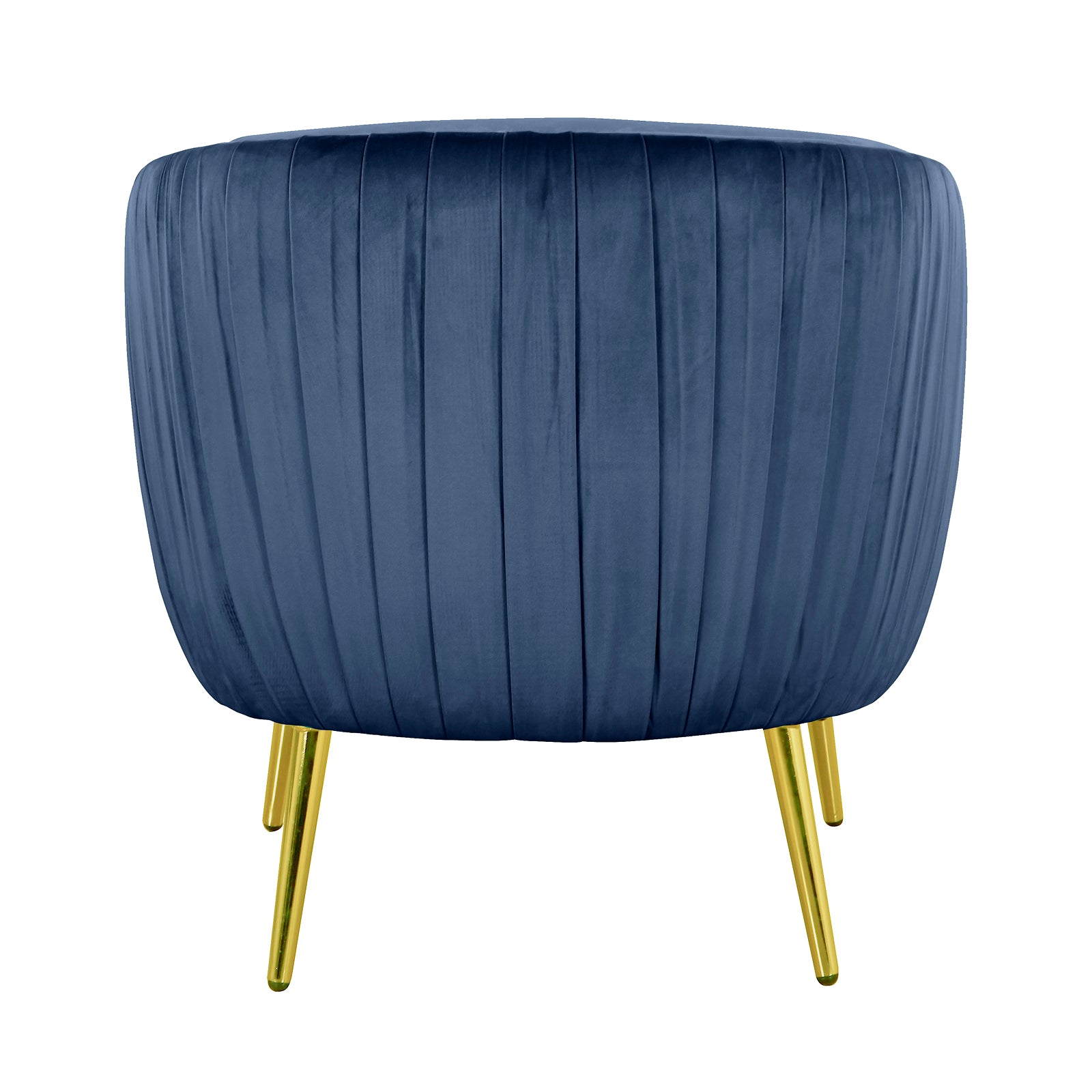 Evelyn Curved Velvet Sofa Accent Chair in Blue, featuring a deep-blue velvet upholstery with pleated design, supported by four slender, tapered gold-metal legs, showcasing a stylish and elegant mid-century modern aesthetic.