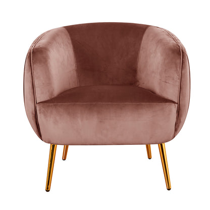 Evelyn Curved Velvet Sofa Accent Chair in Blush features a plush, velvet upholstery with curved arms and back, resting on slender polished gold/brass metal legs, exuding mid-century modern elegance.