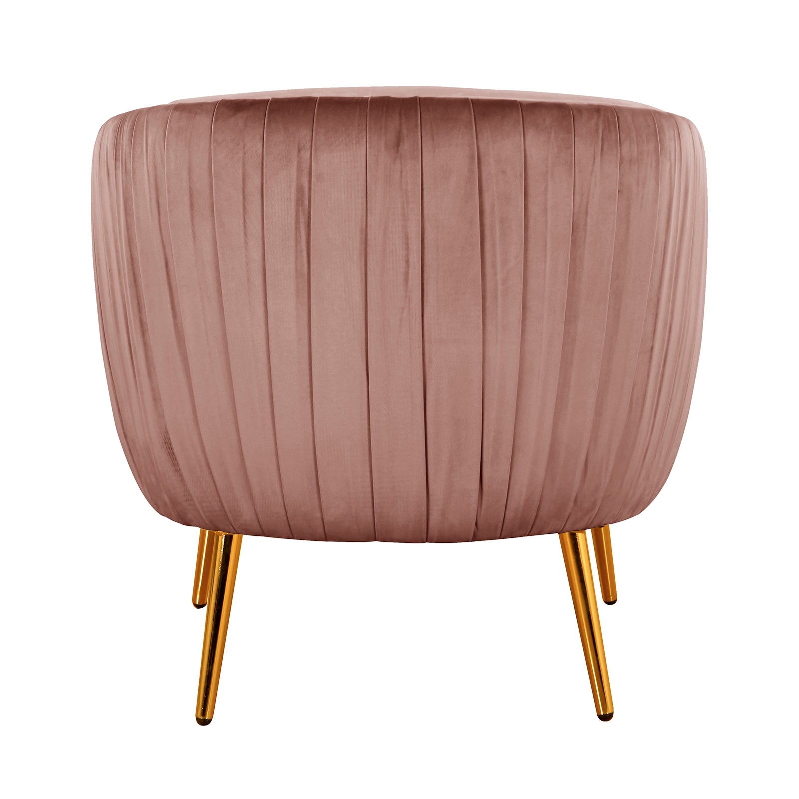 Evelyn Curved Velvet Sofa Accent Chair in Blush, featuring a pleated velvet finish and sleek gold-finished legs, exemplifies mid-century elegance and modern luxury for any room.
