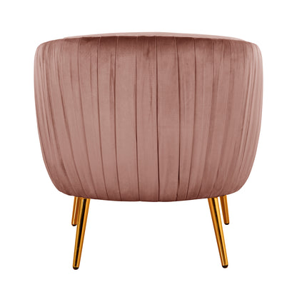 Evelyn Curved Velvet Sofa Accent Chair in Blush, featuring a pleated velvet finish and sleek gold-finished legs, exemplifies mid-century elegance and modern luxury for any room.