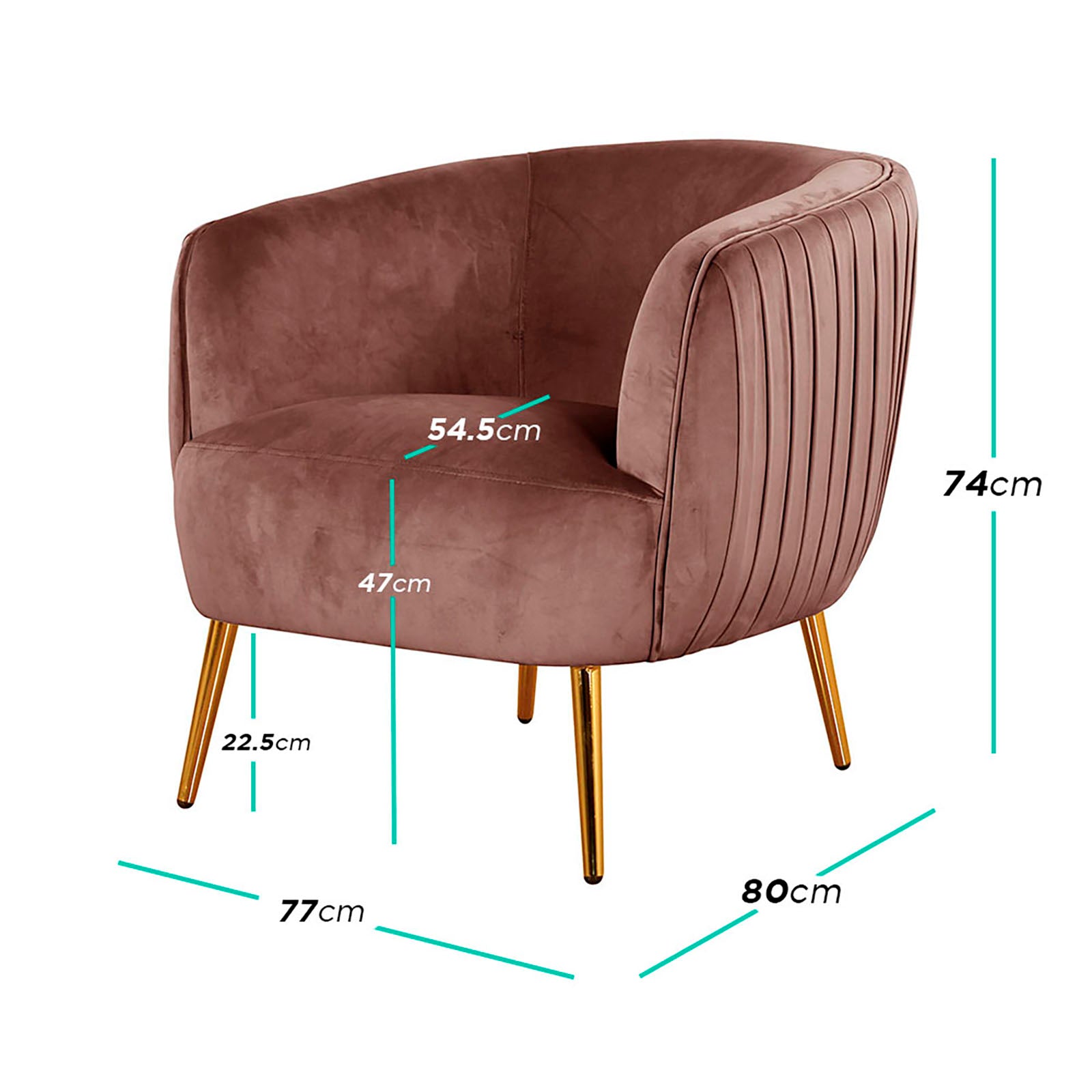 Evelyn Curved Velvet Sofa Accent Chair in Blush features a barrel-style design with channel-tufted back, blush velvet upholstery, and polished gold tapered legs, offering elegance and durability for modern interiors.