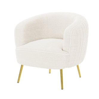 Evelyn Curved Boucle Accent Chair in Cream White features a modern tub back, off-white bouclé upholstery, and slim brass-toned metal legs, offering both elegance and comfort.
