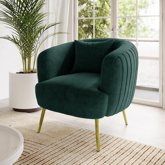 Evelyn Velvet Sofa Accent Chair with luxurious velvet upholstery and elegant gold accent legs, featuring a curved back design for style and comfort. Perfectly blends mid-century modern elements into any interior space.