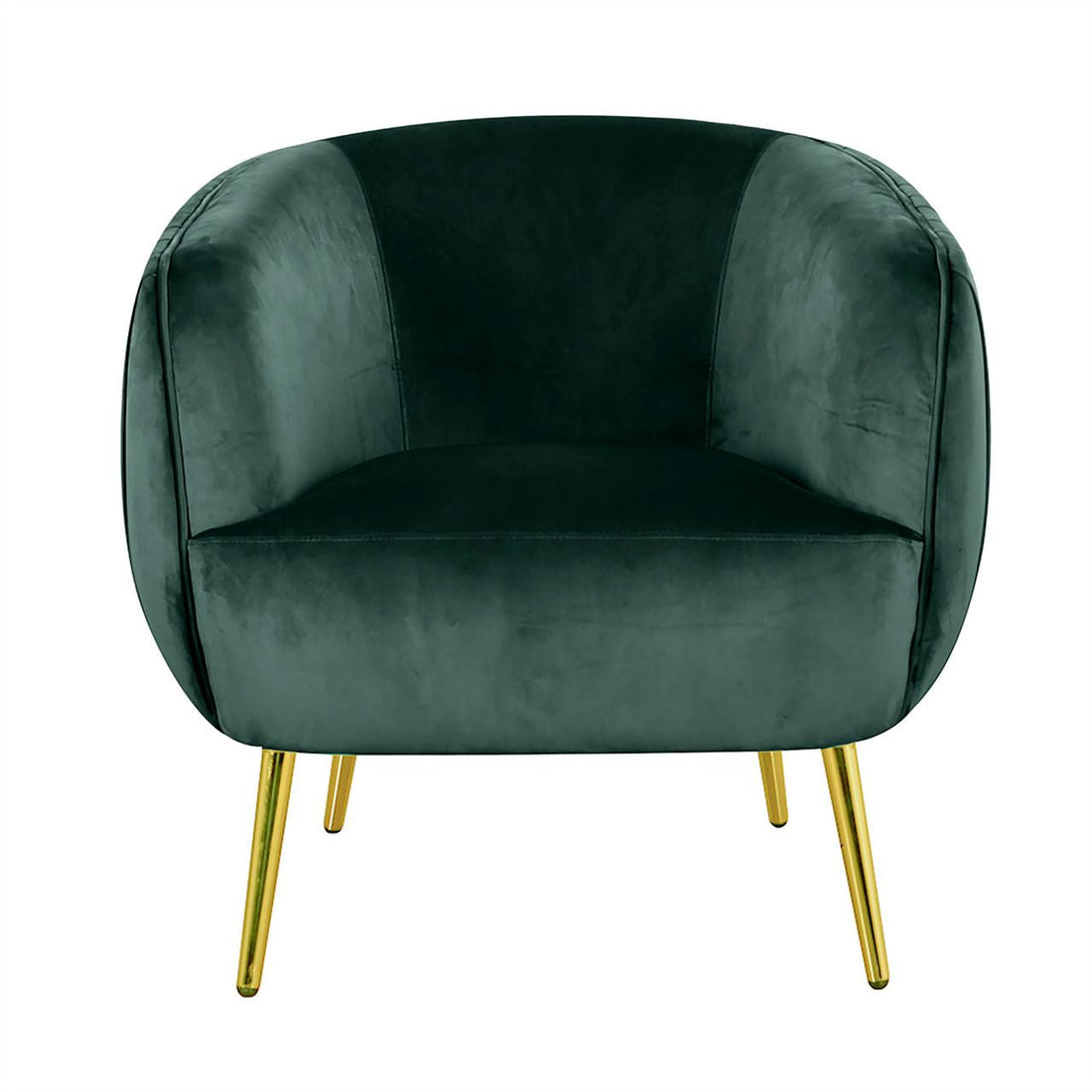 Evelyn Velvet Sofa Accent Chair with gold legs, featuring a curved back design and luxurious velvet upholstery, highlighting its mid-century modern elegance and comfort. Ideal for enhancing living spaces with style.