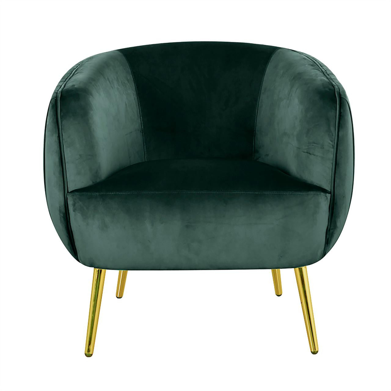Evelyn Velvet Sofa Accent Chair with gold legs, featuring a curved back design and luxurious velvet upholstery, highlighting its mid-century modern elegance and comfort. Ideal for enhancing living spaces with style.