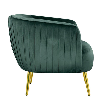 Evelyn Velvet Sofa Accent Chair featuring a curved back design, luxurious velvet upholstery, and sleek gold accent legs, showcasing its elegant and modern style.