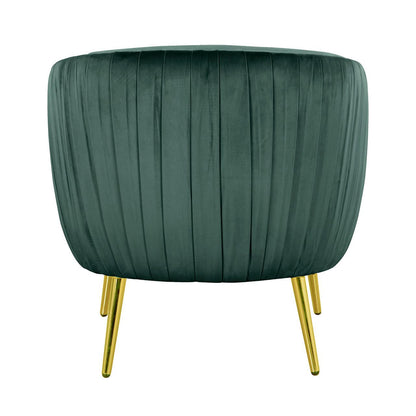 Evelyn Velvet Sofa Accent Chair featuring a green velvet upholstery with sleek gold legs, showcasing a mid-century modern design with a curved back for elegant style and comfort.