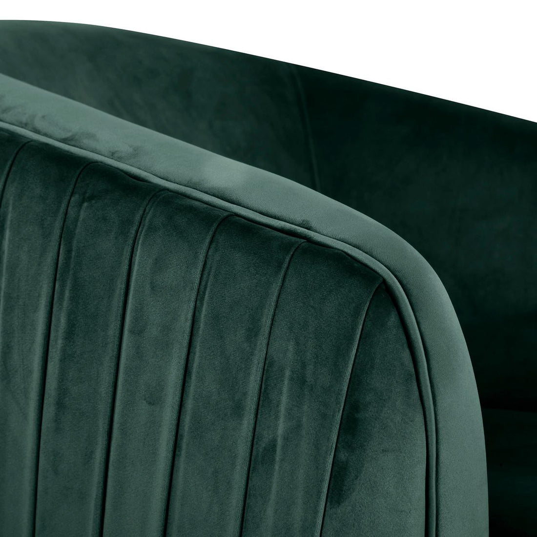 Close-up of the Evelyn Velvet Sofa Accent Chair showcasing its luxurious velvet upholstery, mid-century modern design, and sleek gold accent legs, highlighting its blend of style and comfort.