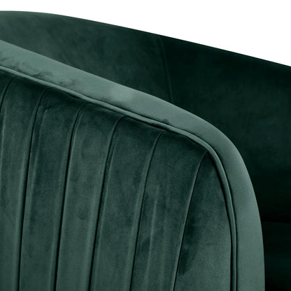 Close-up of the Evelyn Velvet Sofa Accent Chair showcasing its luxurious velvet upholstery, mid-century modern design, and sleek gold accent legs, highlighting its blend of style and comfort.