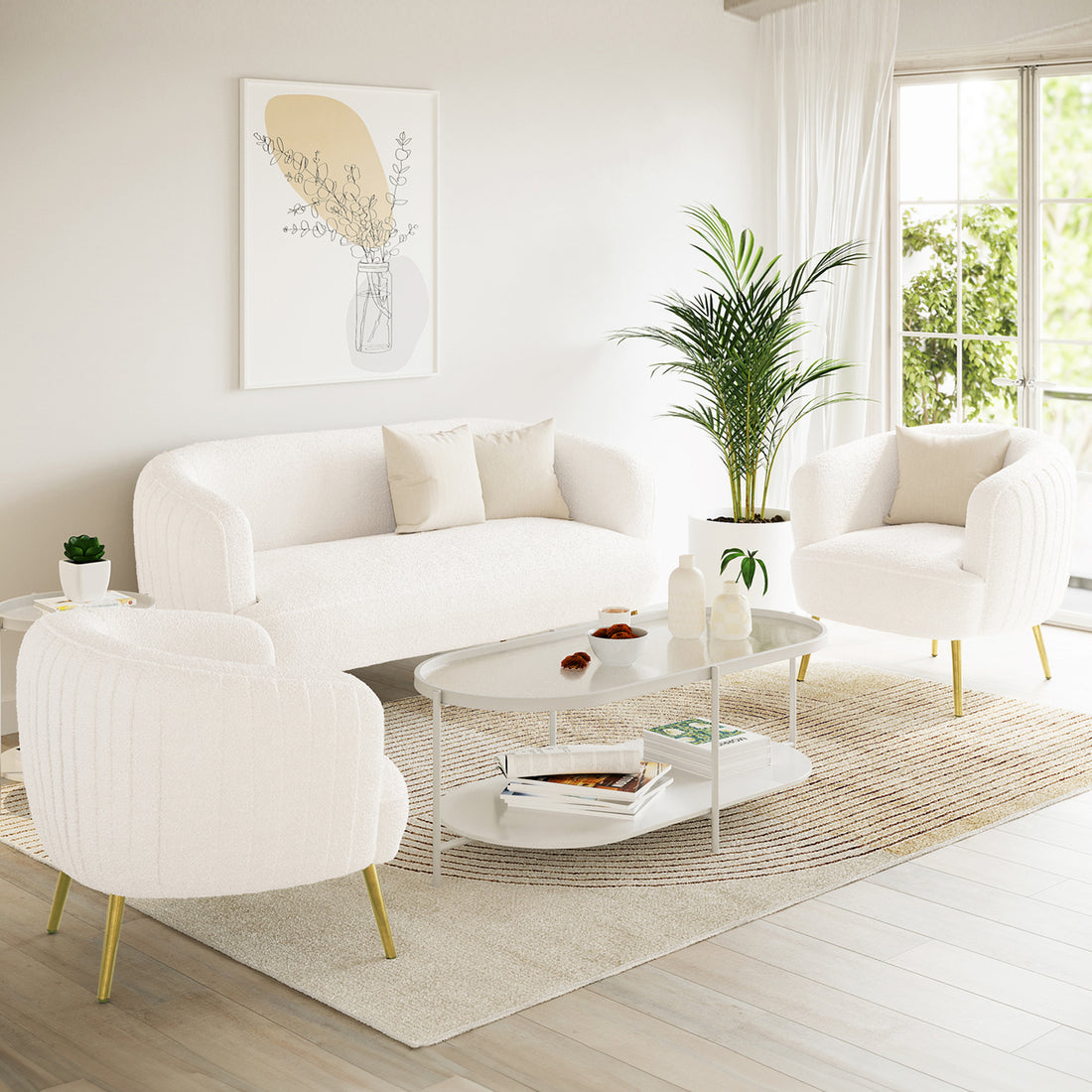 Evelyn 4 Seater Boucle Sofa Set in Cream White with a curved design, includes a matching 2-seater sofa and two lounge chairs, accented with brass-tone legs and neutral-tone throw pillows.