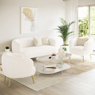 Evelyn 4 Seater Boucle Sofa Set in Cream White with a curved design, includes a matching 2-seater sofa and two lounge chairs, accented with brass-tone legs and neutral-tone throw pillows.