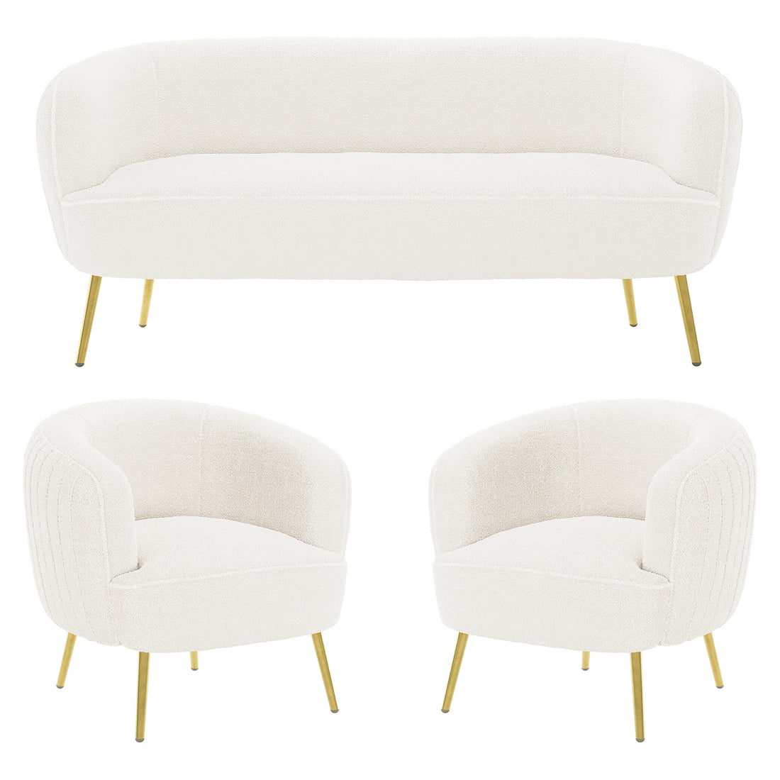 Evelyn 4 Seater Boucle Sofa Set in Cream White featuring a gently curved two-seat sofa and two matching barrel-style lounge chairs, all with slim, tapered brass-finished metal legs.