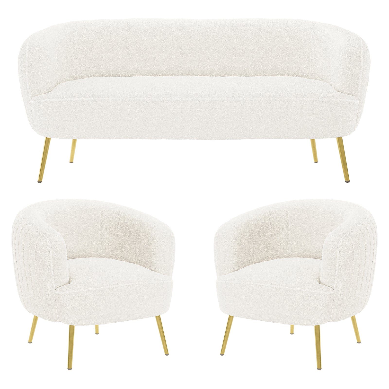 Evelyn 4 Seater Boucle Sofa Set in Cream White featuring a gently curved two-seat sofa and two matching barrel-style lounge chairs, all with slim, tapered brass-finished metal legs.
