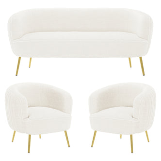 Evelyn 4 Seater Boucle Sofa Set in Cream White featuring a gently curved two-seat sofa and two matching barrel-style lounge chairs, all with slim, tapered brass-finished metal legs.