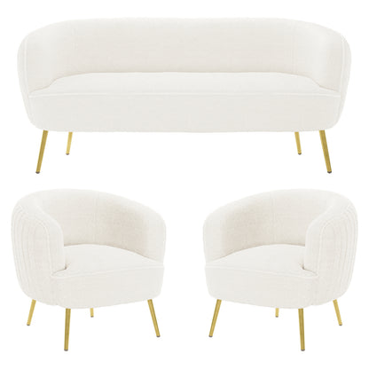 Evelyn 4 Seater Boucle Sofa Set in Cream White featuring a gently curved two-seat sofa and two matching barrel-style lounge chairs, all with slim, tapered brass-finished metal legs.