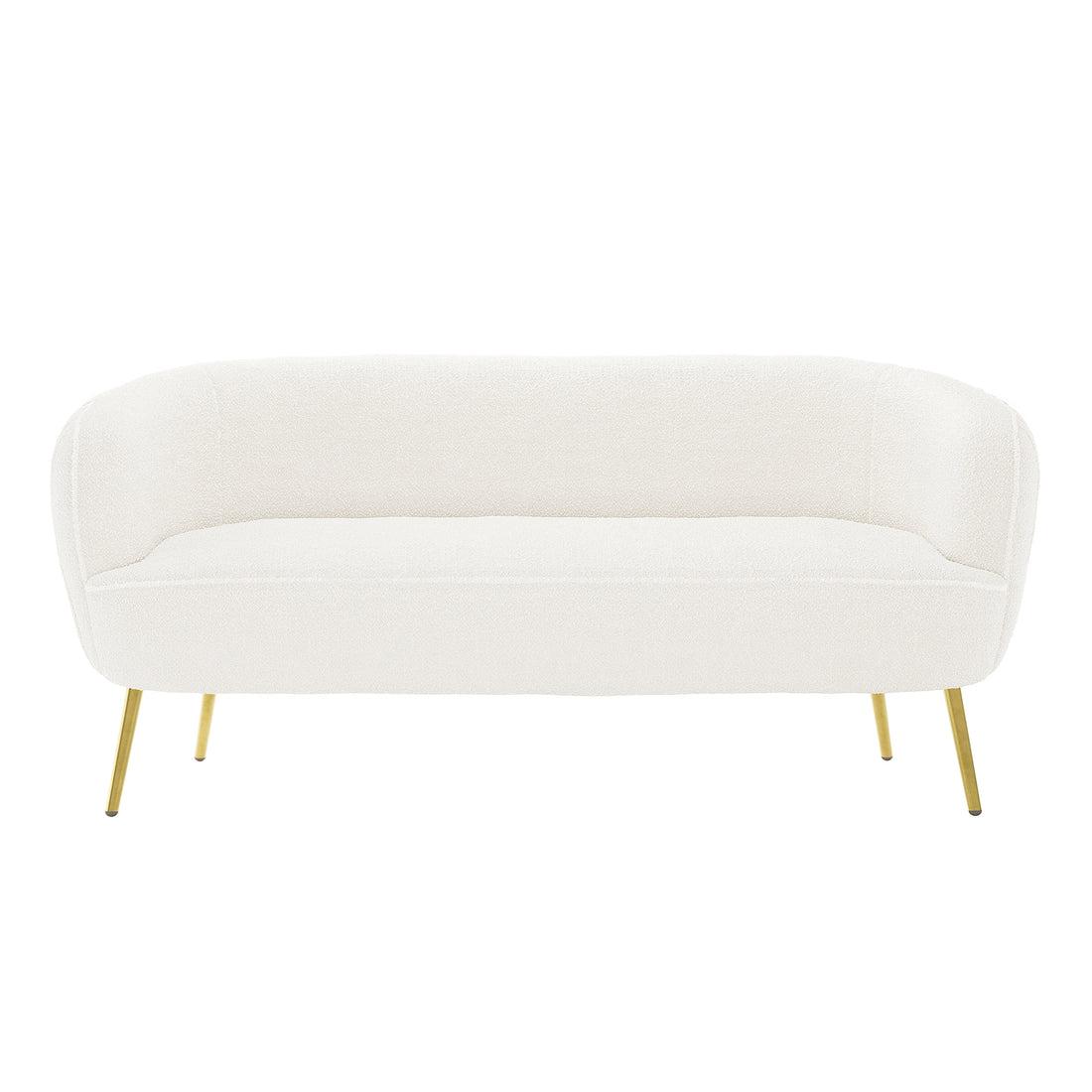Evelyn 4 Seater Boucle Sofa Set in Cream White featuring a modern two-seat loveseat with a curved back, bouclé fabric, tight seat, and brass/gold splayed metal legs, exuding elegance and comfort.