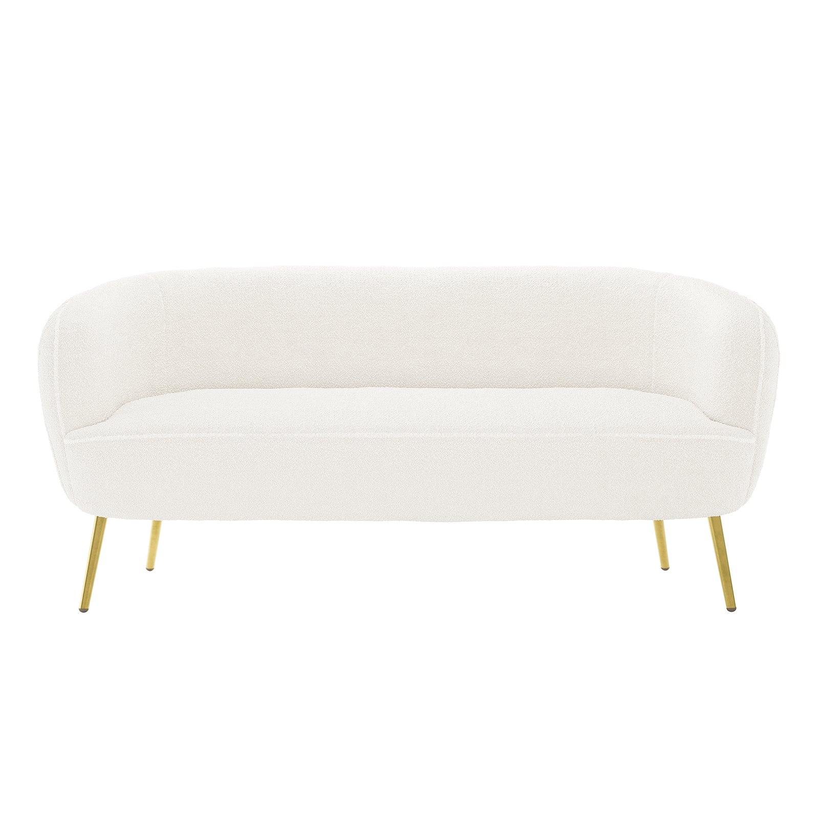 Evelyn 4 Seater Boucle Sofa Set in Cream White featuring a modern two-seat loveseat with a curved back, bouclé fabric, tight seat, and brass/gold splayed metal legs, exuding elegance and comfort.