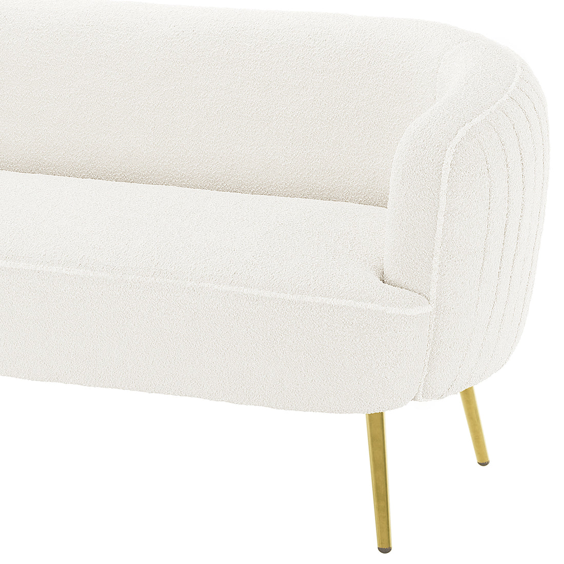 Evelyn 4 Seater Boucle Sofa Set in Cream White featuring a modern loveseat with cream bouclé fabric, rounded armrests, and sleek brass-toned metal legs.