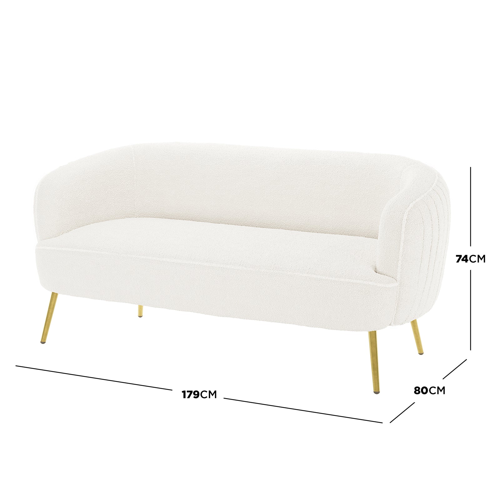 Evelyn 4 Seater Boucle Sofa Set in Cream White, featuring a modern two-seater with rounded arms, white boucle upholstery, slim brass-finish legs, and visible dimensions: 179 cm wide, 80 cm deep, 74 cm tall.