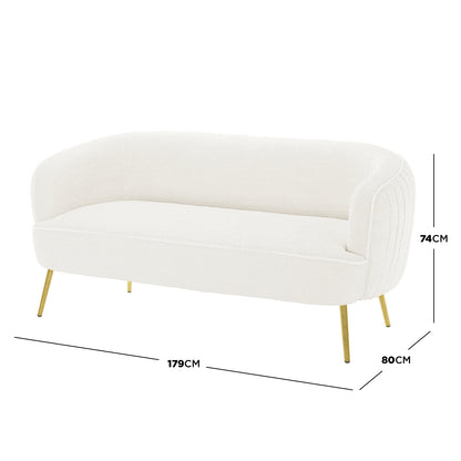 Evelyn 4 Seater Boucle Sofa Set in Cream White, featuring a modern two-seater with rounded arms, white boucle upholstery, slim brass-finish legs, and visible dimensions: 179 cm wide, 80 cm deep, 74 cm tall.