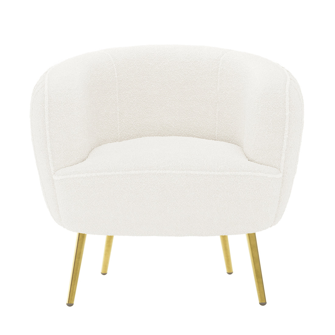 Evelyn 4 Seater Boucle Sofa Set in Cream White featuring a modern design with tub-style armchairs, soft boucle upholstery, and polished brass legs, ideal for stylish, comfortable living spaces.