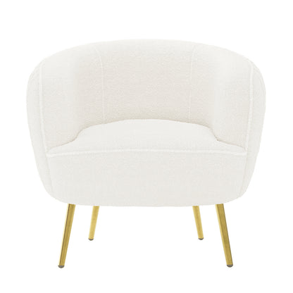 Evelyn 4 Seater Boucle Sofa Set in Cream White featuring a modern design with tub-style armchairs, soft boucle upholstery, and polished brass legs, ideal for stylish, comfortable living spaces.