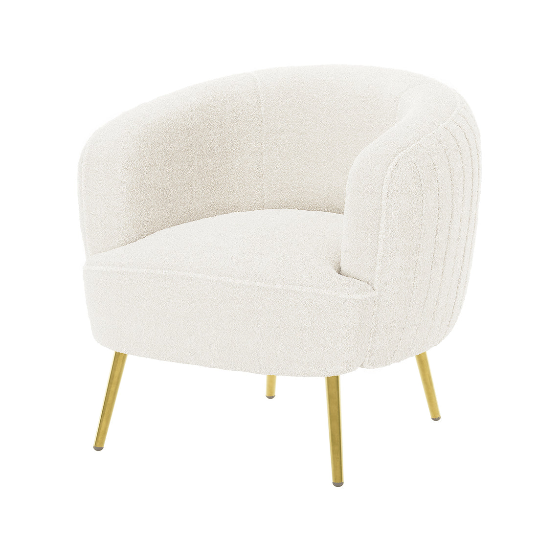 Evelyn 4 Seater Boucle Sofa Set in Cream White features a modern lounge chair with a softly curved back, cream-white boucle upholstery, and slender brass-tone metal legs.