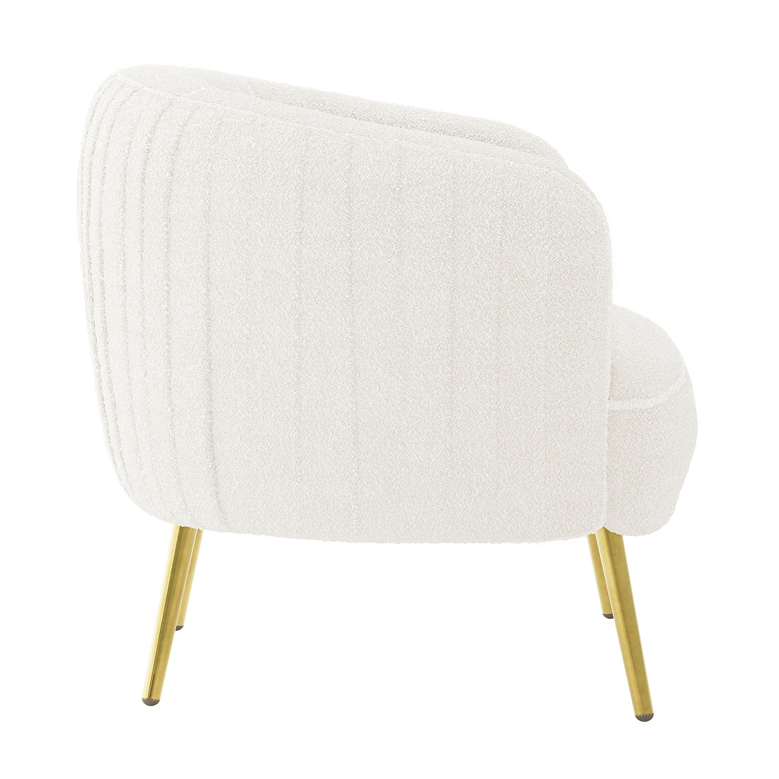 Modern club-style armchair from the Evelyn 4 Seater Boucle Sofa Set in Cream White, featuring a rounded back, plush boucle upholstery, and slender gold-tone metal legs.