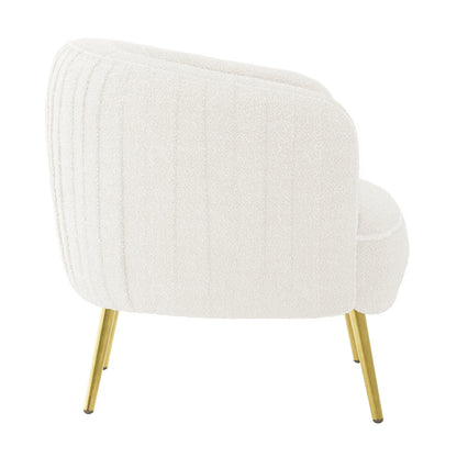 Modern club-style armchair from the Evelyn 4 Seater Boucle Sofa Set in Cream White, featuring a rounded back, plush boucle upholstery, and slender gold-tone metal legs.