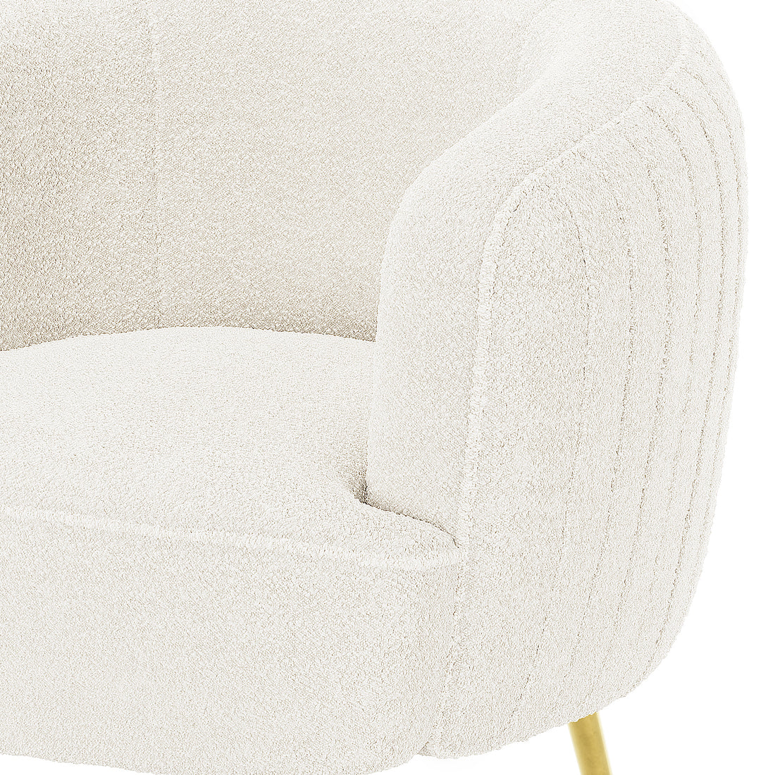 Evelyn 4 Seater Boucle Sofa Set in Cream White, showcasing a close-up of a rounded armrest, plush seat cushion, and slender gold-finished metal leg of an upholstered armchair in bouclé fabric.